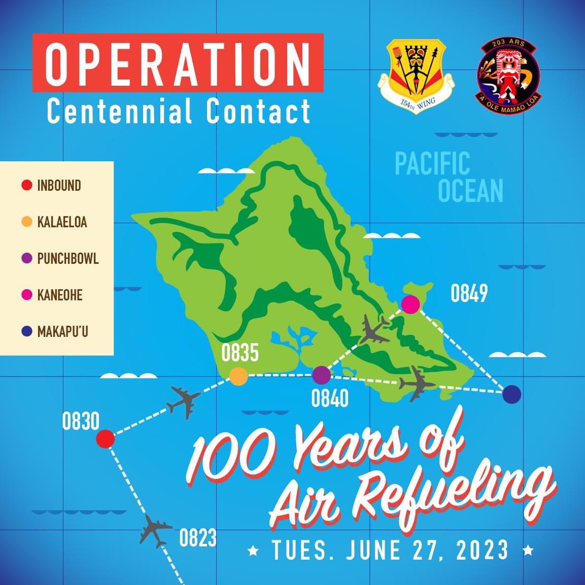 HiAirGuard's tweet photo. 📣 Join us on June 27th for an incredible flyover! The Hawaii Air National Guard's 154th Wing invites you to witness the KC-135 Stratotankers commemorating 100 years of aerial refueling excellence. Don't miss this display in the sky from 8:35 to 9 a.m. #centuryofAR #203ARS https://t.co/HntcOw5krF