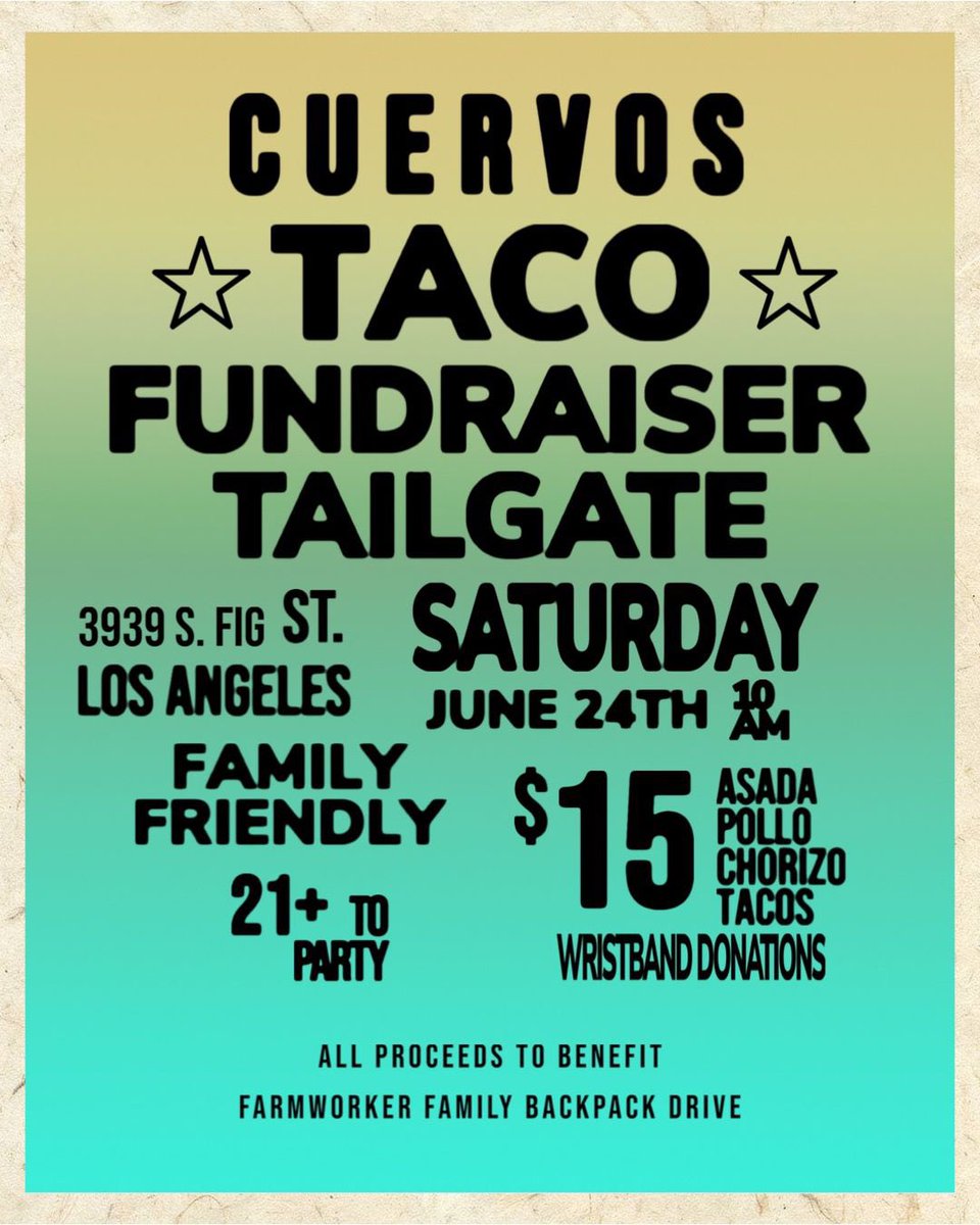 Join us for a Taco Fundraiser Tailgate for a great cause and pregame before the match. We will be hosting a drop-off event for back to school items for our farmworker family backpack drive.
@lafc3252 #CawCawMF