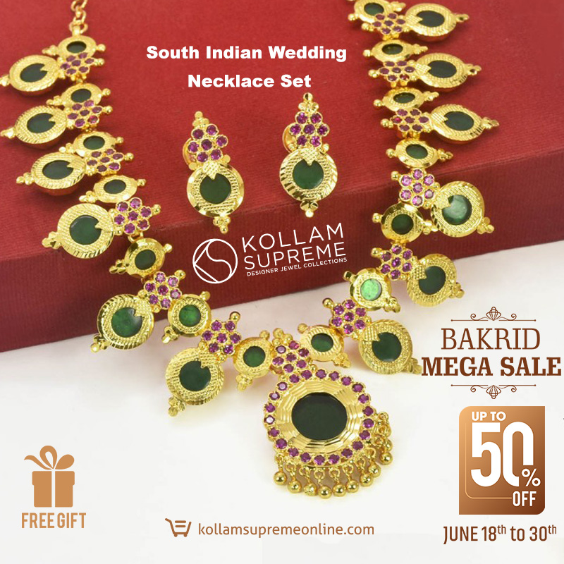 The Green Enamel #Necklace set is a stunning representation of #SouthIndian #traditional craftsmanship with ruby stones and a gold finish. Add a touch of #elegance to your look with this unique piece!'
.
.
#kollamsupreme #jewellery #weddingjewellery #bridal #eid #eidsale #eidsale