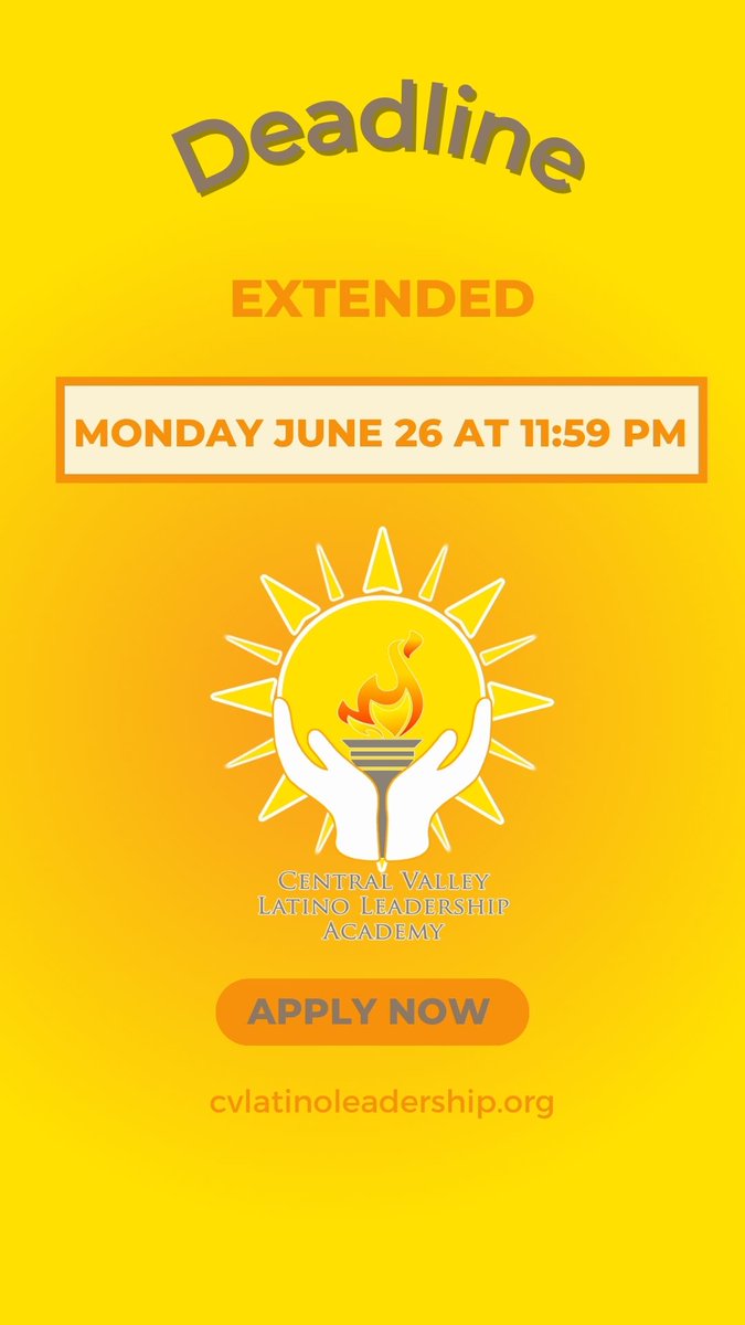 CVLLAcademy's tweet photo. 📣 Exciting Announcement! 🌟 The Central Valley Latino Leadership Academy's 5th Cohort deadline has been extended! 🎉 You now have until Monday at 11:59 PM to seize this incredible opportunity! ⏰ Don't miss out on the chance to join a transformative journey of leadership #CVLLA https://t.co/g09MNqH9ey