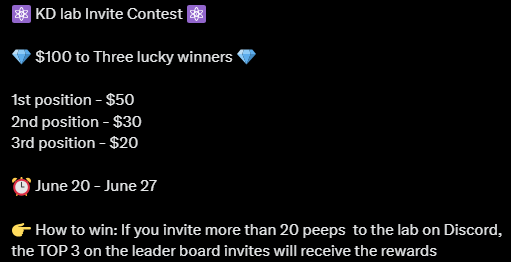 ⚛️ KD lab Invite Contest⚛️
Join Our Discord Server to know more Details
discord.gg/wFAnDk33x7

#NFTdrops #NFTCommuntiy #NFTGiveaways #NFTCommunity #Giveaway @ProtonXPR
#SOL #NFTGiveaways #OpenSeaNTF #NFTCollector #solNFT #freenftgiveaway #NFTdrops #FreeNFTs