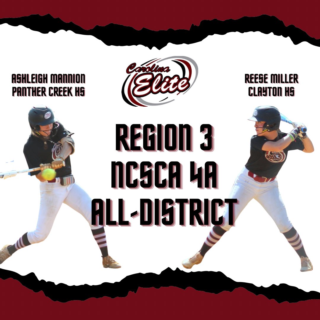 Carolina Elite Triangle (@ncelitetriangle) on Twitter photo Congratulations to our <a href="/NCSCASSOCIATION/">NCSoftballCoachAssoc</a> 2023 All-District Players:
Region 3 4A
<a href="/AshleighMannio2/">Ashleigh Mannion</a> - Panther Creek High School
<a href="/Reesemiller2024/">Reese Miller</a> - Clayton High School
Proud of you, ladies 👏👏
#compete4elite Congratulations to our <a href="/NCSCASSOCIATION/">NCSoftballCoachAssoc</a> 2023 All-District Players:
Region 3 4A
<a href="/AshleighMannio2/">Ashleigh Mannion</a> - Panther Creek High School
<a href="/Reesemiller2024/">Reese Miller</a> - Clayton High School
Proud of you, ladies 👏👏
#compete4elite