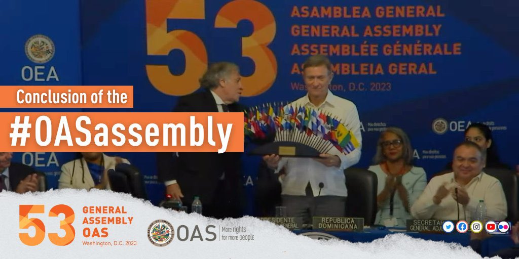 The 53 #OASassembly closed with a firm commitment to tackle regional challenges head-on and key agreements, with concrete initiatives for strengthening a culture of democratic accountability, protecting human rights, and advancing equality across the Americas.