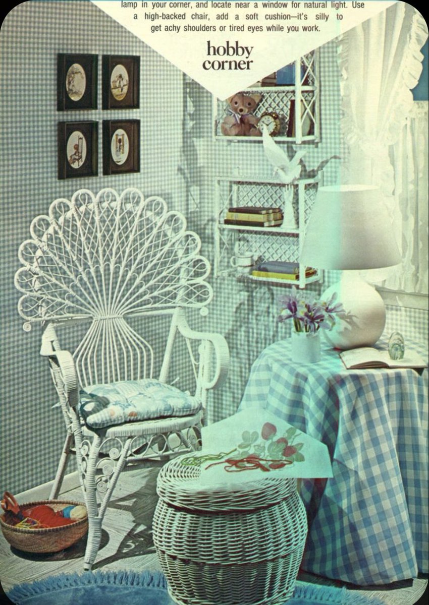 Another cute use of wicker furniture in a “hobby corner” 
(Seventeen magazine, 1972) 
#PopCulture #vintagestyle