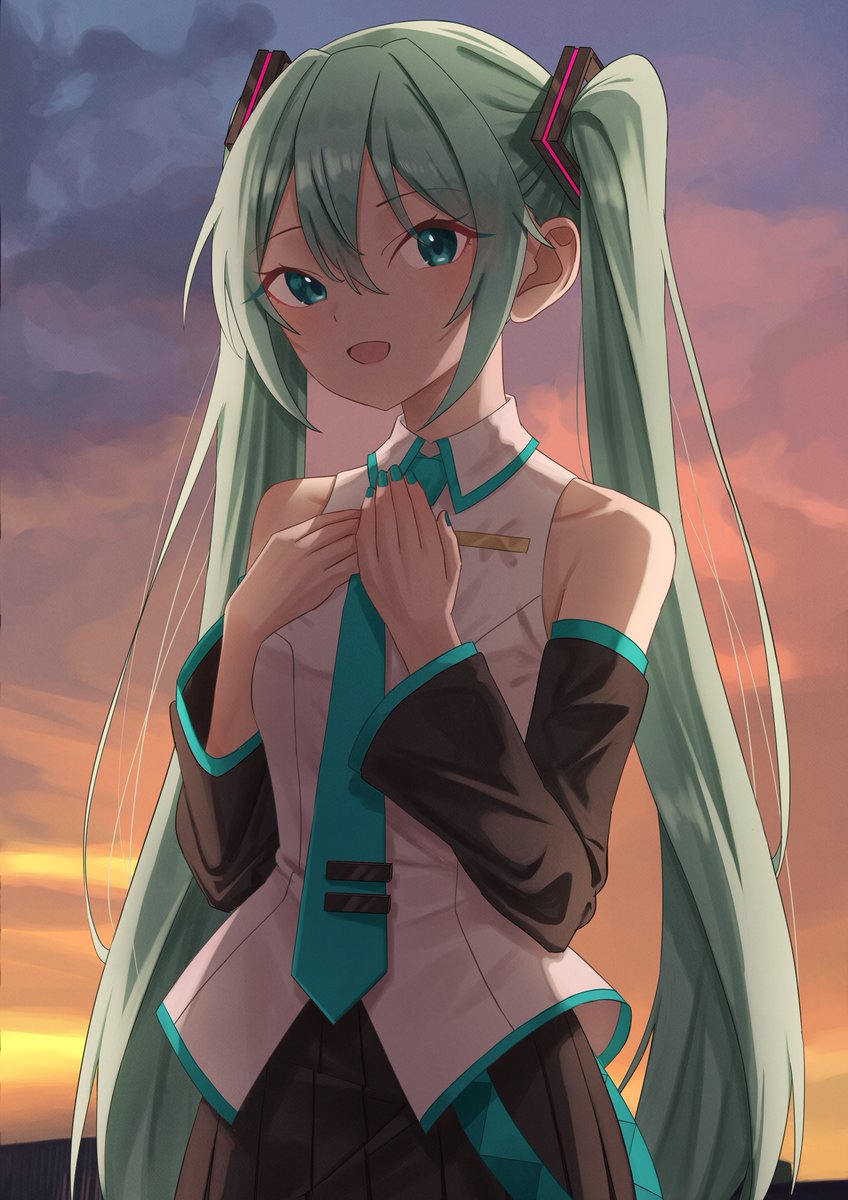 hatsune miku 1girl solo long hair twintails skirt necktie detached sleeves  illustration images