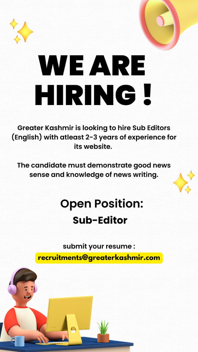 GreaterKashmir's tweet image. We are hiring!
Open Position: Sub-Editor (English)
Candidates with 2-3 years of experience will be preferred.
Send your resume at: recruitments@greaterkashmir.com
#jobs #subeditor #Kashmir #GreaterKashmir