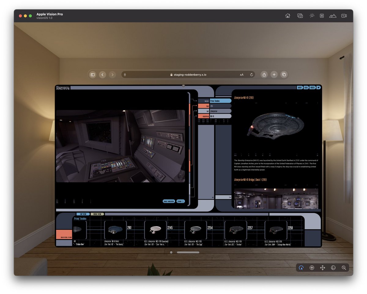 JulesUrbach's tweet image. Rendering live using #WebXR on @Apple Vision Pro - full screen mode triggers 3D immersive stream powers by Render Network, &amp;lt;model&amp;gt; tag allows us to bring the ship UX menu into real world space ❤️‍🔥🖖❗️