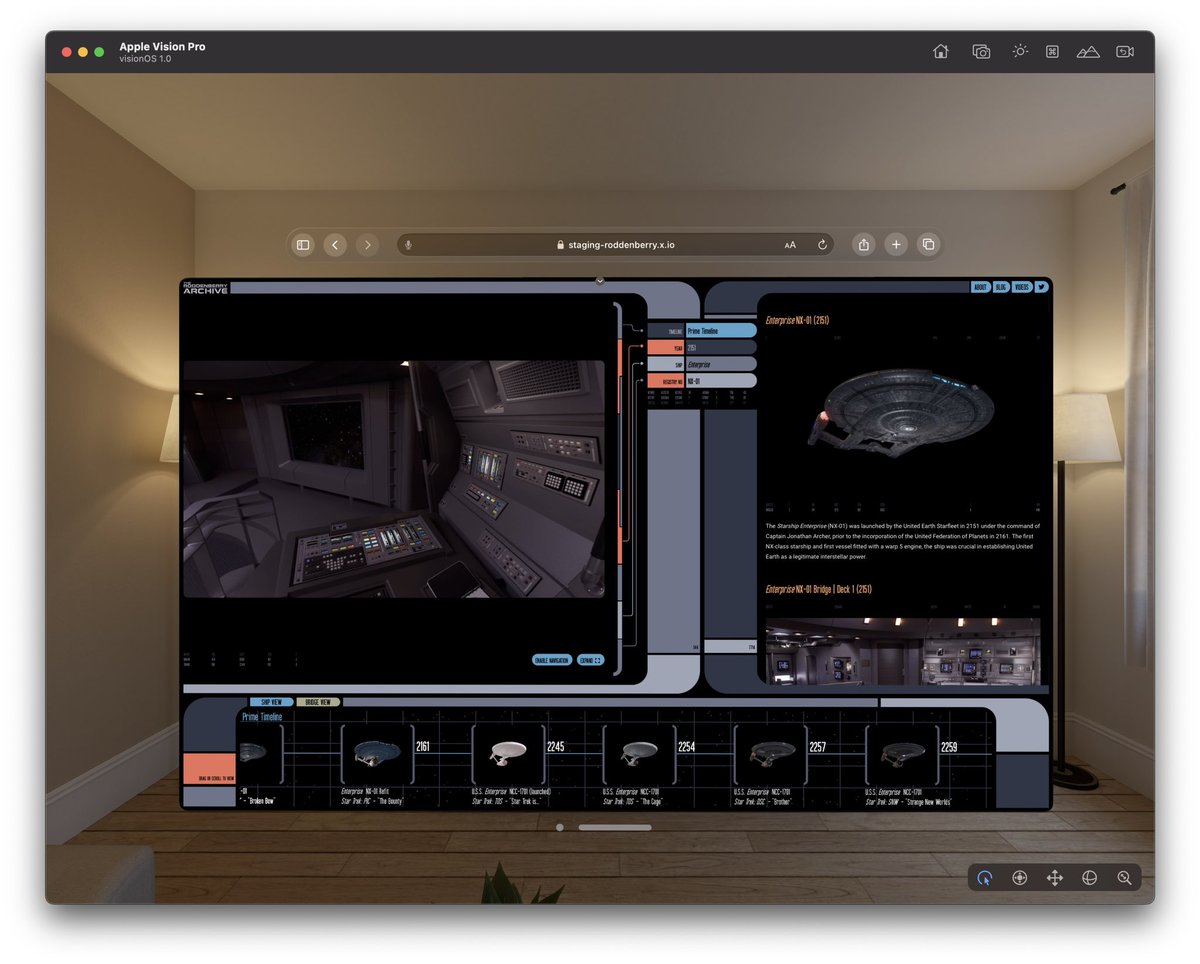 Rendering live using #WebXR on @Apple Vision Pro - full screen mode triggers 3D immersive stream powers by Render Network, <model> tag allows us to bring the ship UX menu into real world space ❤️‍🔥🖖❗️