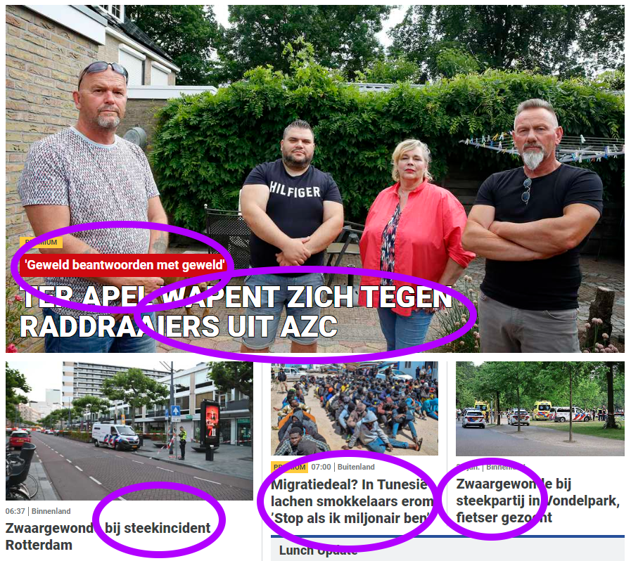 Zomaar een #voorpagina van een landelijke krant, het wordt er allemaal niet gezelliger op:
Geweld beantwoorden met #geweld, raddraaiers uit AZC, #mensensmokkelaars lachen ons uit, #steekpartij hier, #steekincident daar.