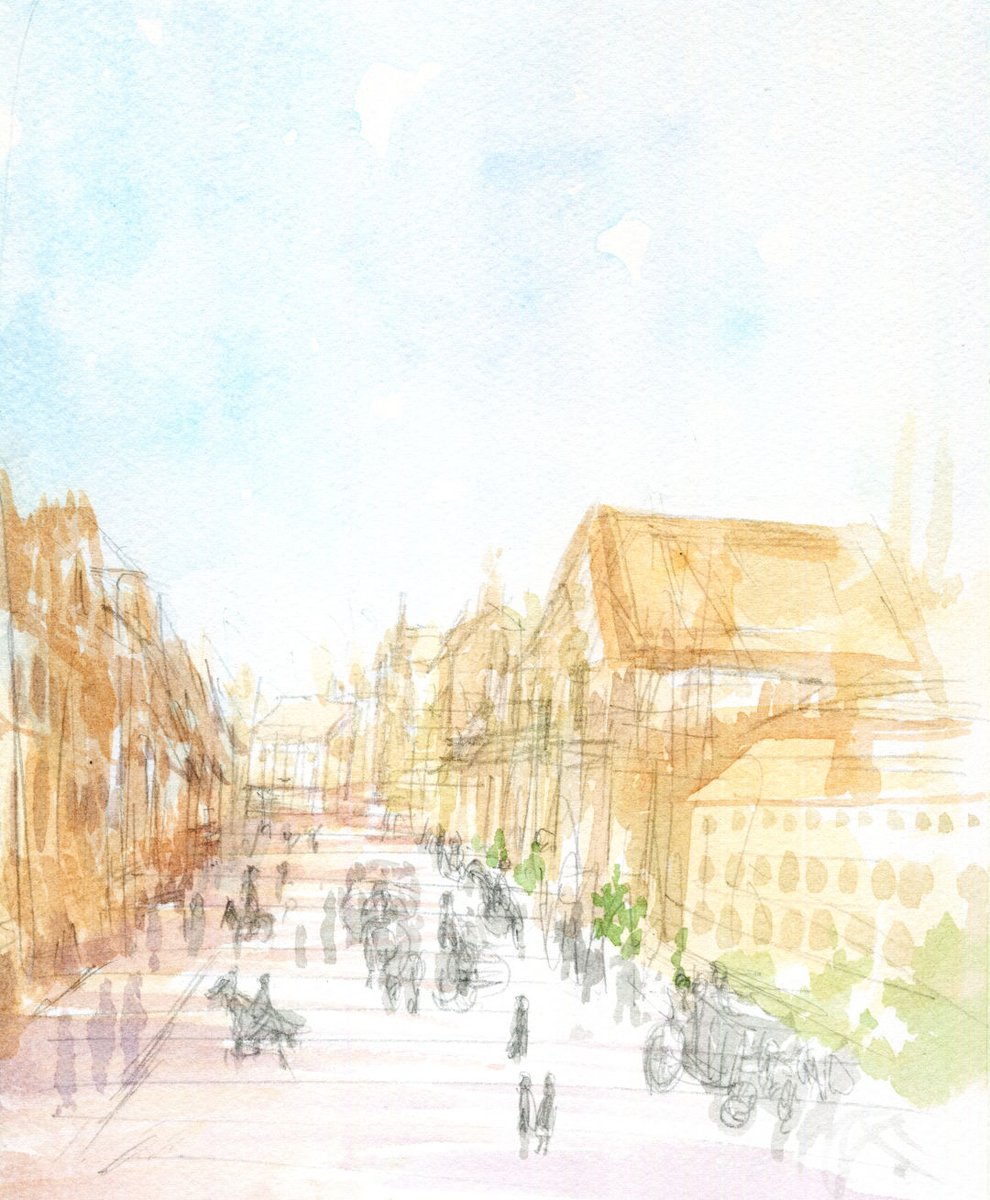 マンガの冒頭シーンを描いてる。
19世紀ワルシャワ風景。馬と馬車、ナポレオンみたいな帽子とマントの人たち。

いつもと工程を逆にしてみる。先におおざっぱに色付けして、だんだん細かくラストでペンの予定。
#制作中 #水彩マンガ https://t.co/2wUpAsgj6U