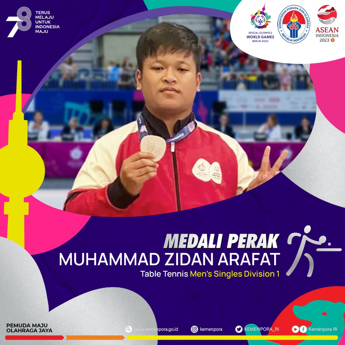 Selamat kepada Muhammad Zidan Arafat yang berhasil mempersembahkan medali perak bagi Delegasi Indonesia pada ajang Special Olympics World Games Berlin 2023, dari cabang olahraga Table Tennis, di nomor Men's Single Division 1. Bangga!

#Kemenpora
#PemudaMajuOlahragaJaya
#SOWG2023