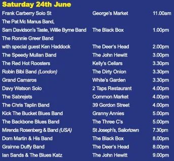 🎶 Get ready for an epic day of blues music at the Belfast City Blues Festival 2023! 🎸🔥 We have a jam-packed schedule today with a full lineup of incredible bands across various venues in Belfast! #BelfastCityBluesFestival2023 #RoryGallagherDay #BluesMusic #LiveMusic