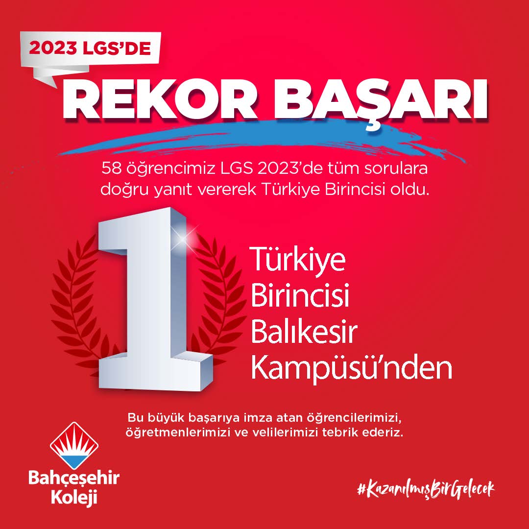 🏆 #LGS2023 ‘de “58 Türkiye Birincisi” Bahçeşehir Kolejinden!
1 Türkiye 1. si Balıkesir Kampüsü’nden

Bu büyük başarıya imza atan sevgili öğrencilerimizi, çok değerli öğretmenlerimizi ve velilerimizi tebrik ederiz.👏🏼

#bahçeşehirkoleji ❤️💙
#LgsdeRekorBaşarı
#kazanılmışbirgelecek
