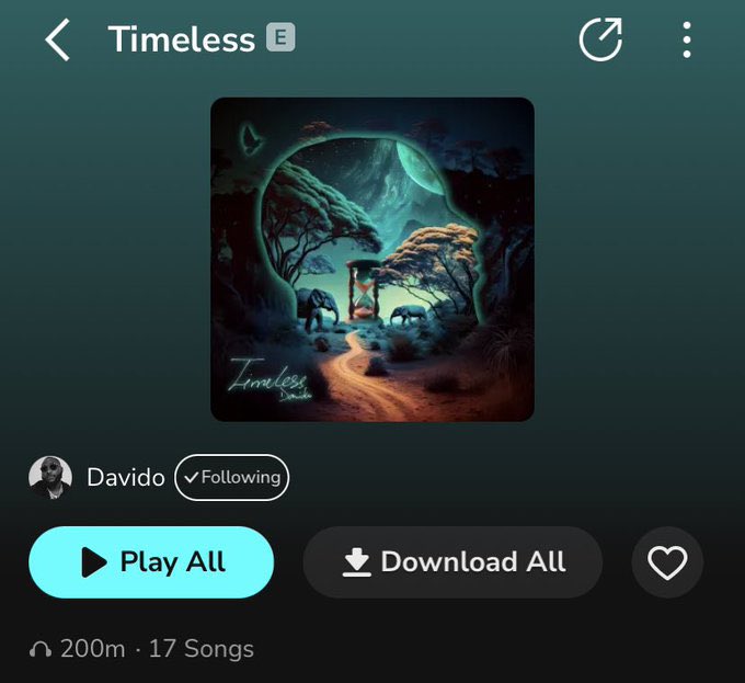 .@davido's “Timeless” (album) has surpassed 200 Million streams on Boomplay.

• It has earned over 200 Million streams on Audiomack & Boomplay each.  🤞⏳✨