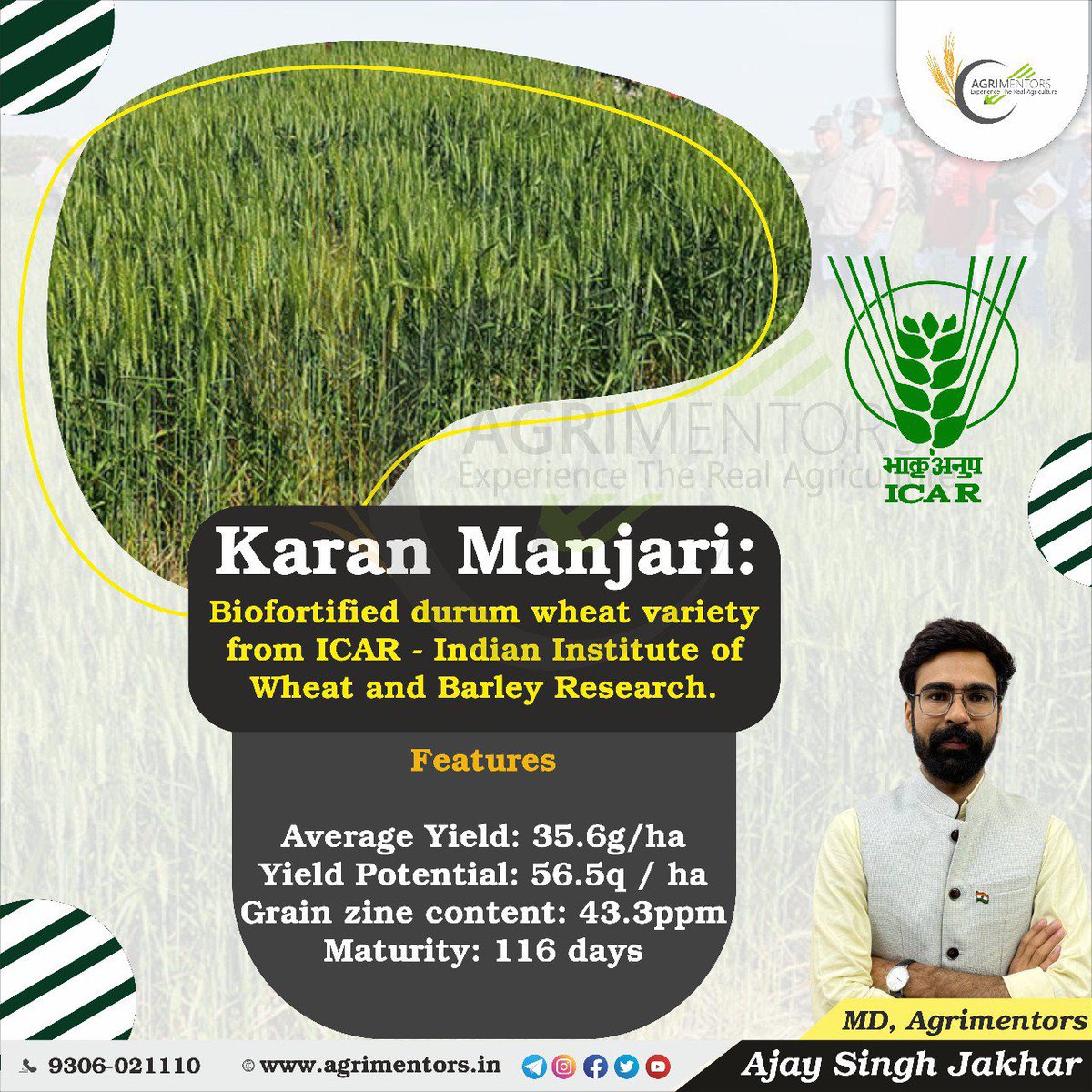 agrimentors's tweet photo. Karan Manjari: Biofortified durum wheat variety from ICAR - Indian Institute of Wheat and Barley Research.
Features
Average Yield: 35.6g/ha
Yield Potential: 56.5q / ha
Grain zine content: 43.3ppm
Maturity: 116 days
#karan_manjari #wheat #wheat_varieties #icar #icar_IIWBR #IIWBR https://t.co/PhcZmNend9
