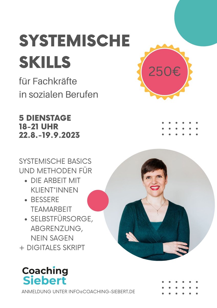 Ich biete übrigens im August/September einen Online-Kurs an: Die Inhalte aus meinem Bildungsurlaub 'Systemische Skills für Fachkräfte in sozialen Berufen' in komprimierter Form: 5 Dienstagabende, 18-21 Uhr. 250 Euro. Ab 22. August.
Gerne teilen. Es gibt noch 5 Plätze!