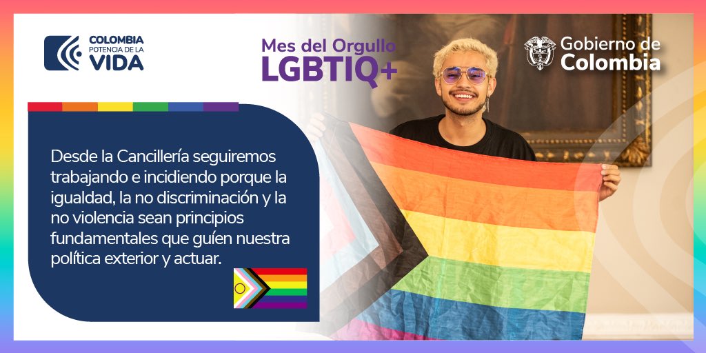 En la última década en Colombia se han dado avances con nuevas legislaciones y políticas públicas sobre la inclusión, la garantía y el reconocimiento de los derechos de las personas #LGBTIQ+. 
¡Es un compromiso que tenemos como sociedad! #SúmateALaRutaDiversa #HappyPride2023