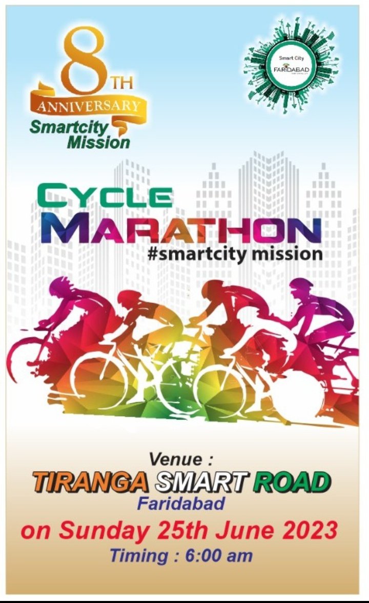 Smart City Faridabad (@smartcityfbd) on Twitter photo On the occasion of 8th anniversary of Smart City Mission, Faridabad Smart City is organising Cycle Marathon on 25th June 2023.
#Smartcityfaridabad
#8saal
#SmartCity
#SabkaBharatNikhartaBharat
<a href="/SmartCities_HUA/">Smart Cities Mission</a> <a href="/MoHUA_India/">Ministry of Housing and Urban Affairs</a> On the occasion of 8th anniversary of Smart City Mission, Faridabad Smart City is organising Cycle Marathon on 25th June 2023.
#Smartcityfaridabad
#8saal
#SmartCity
#SabkaBharatNikhartaBharat
<a href="/SmartCities_HUA/">Smart Cities Mission</a> <a href="/MoHUA_India/">Ministry of Housing and Urban Affairs</a>