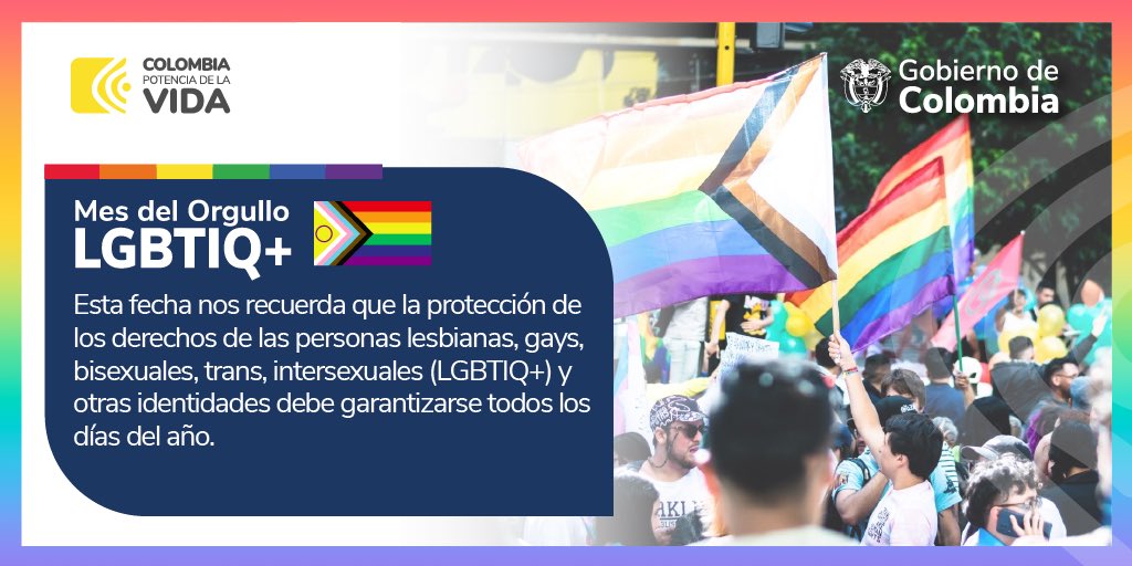 Colombia está tomando medidas urgentes para poner fin a la violencia y a la discriminación de las personas #LGBTIQ+. 

#ElGobiernoDelCambio seguirá trabajando por los derechos de todas las personas a expresar su identidad de género

#SúmateALaRutaDiversa #HappyPride2023