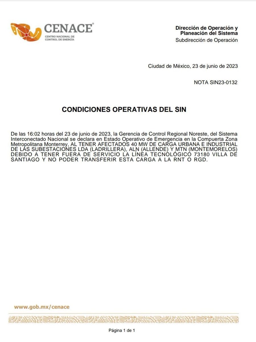 🚨 El Cenace declara “Estado Operativo de Emergencia” en la Zona Metropolitana de #Monterrey por afectación en la red eléctrica.