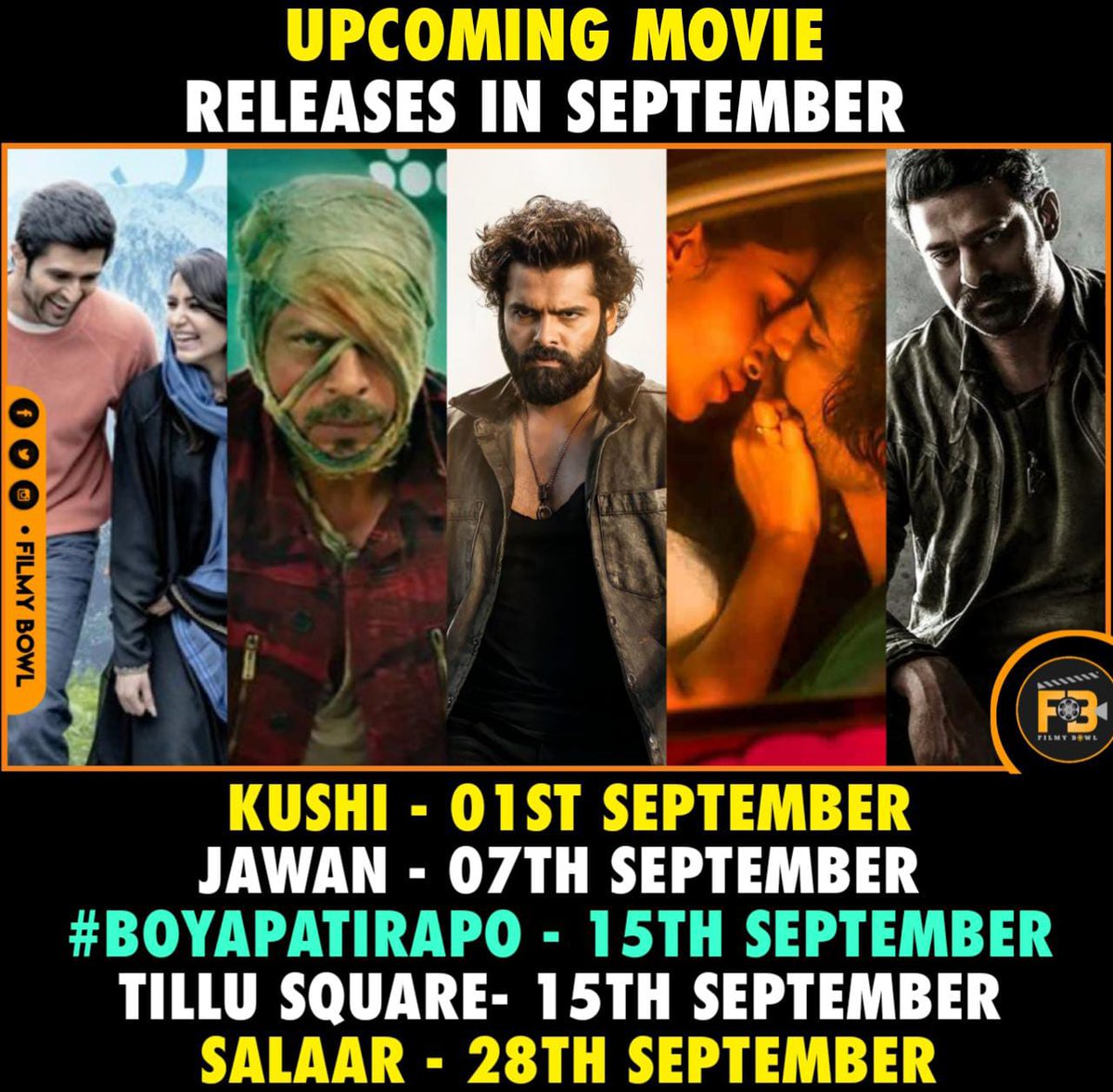 Upcoming movie releases in September

#Kushi #Jawaan #BoyapatiRAPO #tillusquare #Salaar #Prabhas

#FilmyBowl @SatishKTweets