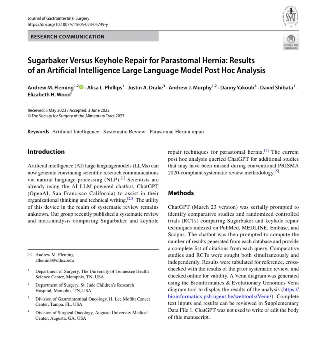 AndrewFlemingMD's tweet photo. Check out the results of our recent experiences with LLM chatbots in research and #AI hallucinations, now published in @JournalofGISurg. 

@SSATNews @Alisalynne_ @_drakeja @ajacksonmurphy @ehewood @SurgeryUTHSC @UTHSCResearch 
@uthsc @UTHSC_Cancer https://t.co/ud7Y01soWG