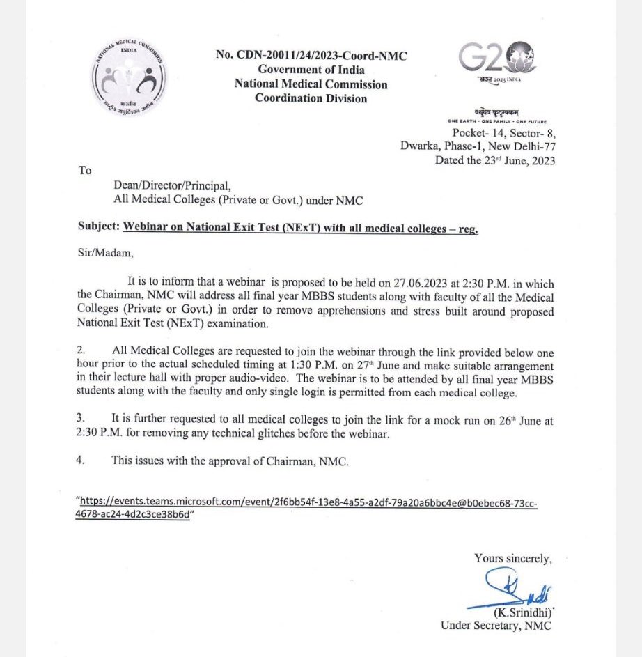 KausshikH's tweet image. NMC's Notice is here 
Webinar on 27th June 2023
1:30pm onwards
NMC chairman to address all final year students and medical colleges.

#nextpg #next #nmc #neetpg #mbbs #neetpg2024 #medic