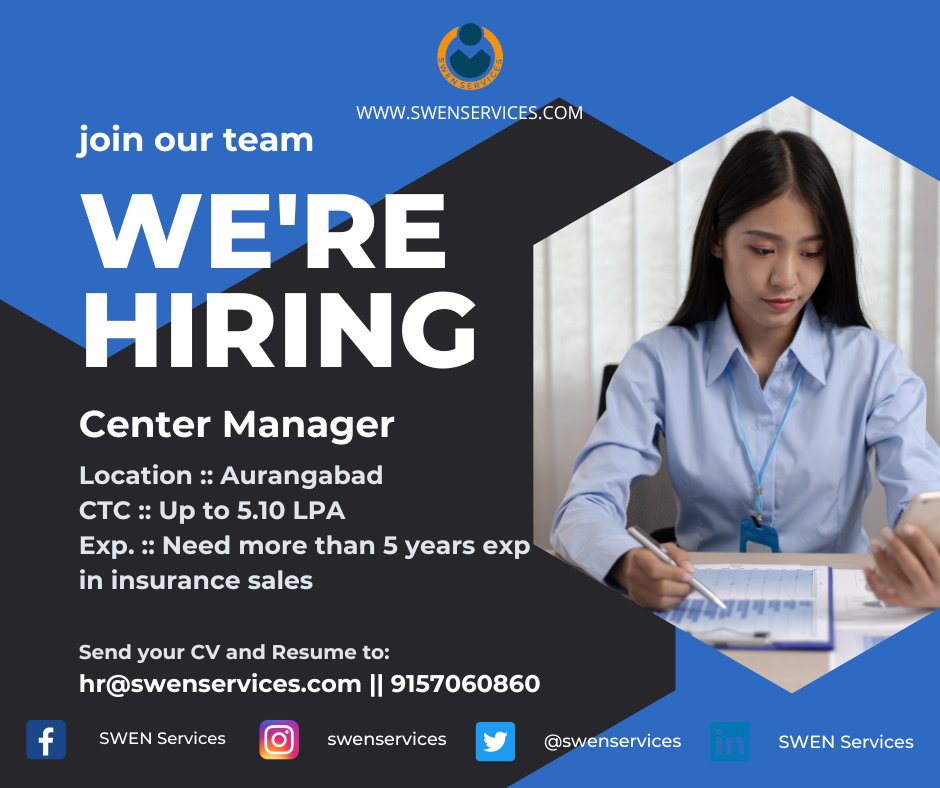 Swenservices's tweet photo. #centermanager #hiringimmediately
#aurangabad #mumbaijobs #maharashtrajobs #maharashtra
Get your dream job for free.
#CTC :: Up to 5.10 LPA
#location :: #aurangabad
#education :: #graduation
#expereince :: More than 5 years in insurance sales
#call or #shareyourcv on 9157060860. https://t.co/ByAmolCOh4