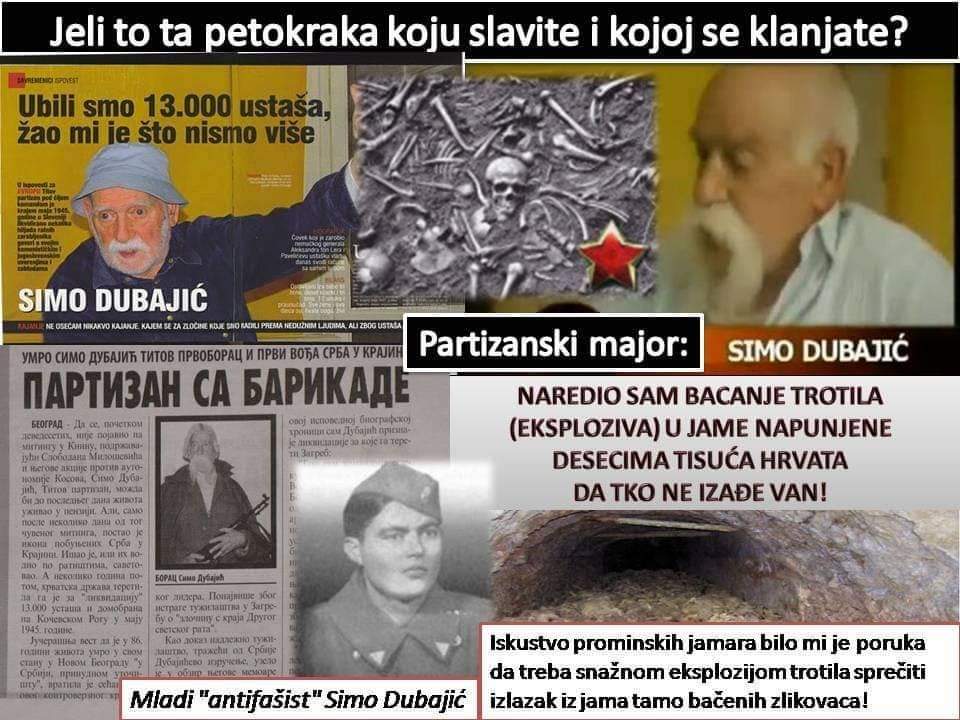 spehar_robert's tweet photo. Pitanje je čemu se klanjaju ti dužnosnici i "čudni ljudi, čudnih imena" na mjestu gdje se obnavlja kult otrcanih i besmislenih komunističkih #yugozomboidi. Ne smeta ovima Simo Dubajić, bivši partizanski major optužen za pokolj 30.000 Hrvata? #GLOZI #NEmožemo #sdphdz #Bleiburg https://t.co/DYTBBLefdf