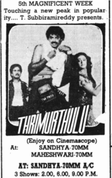 MoviesUpdatez's tweet image. #36YearsForTrimurthulu 

Hyderabad, Sandhya70 37 Days Run. Replaced With #Devanthakudu 

@VenkyMama @akarjunofficial @khushsundar 

A Film by K.MuraliMohanRao #Trimurthulu