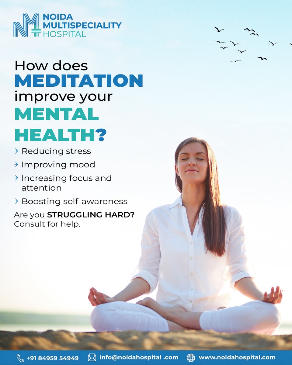 Relaxation Techniques like #Meditation and #Yoga are great ways to improve your #mentalhealth.

Meditation has numerous health benefits mental health.

Consult today for a personalized plan for improving mental well-being.

Know More: noidahospital.com