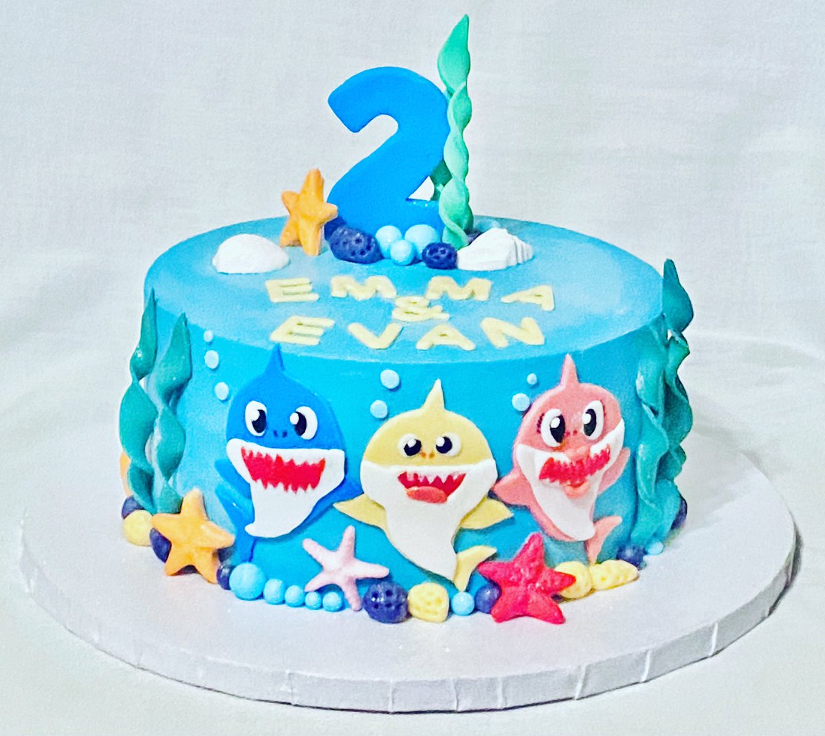 LikealotCakes's tweet photo. 🎶 Baby shark… do do do.🎶 What a fun cake for twins Emma &amp; Evan. Vanilla funfetti cake with vanilla buttercream and fondant accents. Thanks for the opportunity Laura! We hope it was a hit! #LikealotCakes #cakerlife #jesslife #babyshark https://t.co/U9tPDhXBIZ