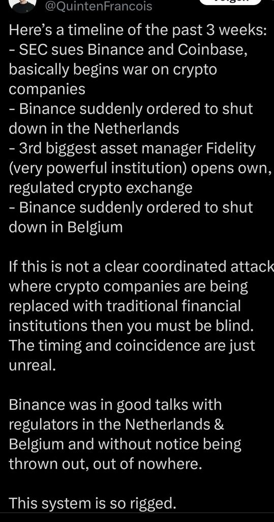 Loedere's tweet image. Didn't take long before crypto influencer @QuintenFrancois blames the system aka gov for banning binance in Belgium knowing EU regulations would follow and binancy can't comply, but calling it an attack. ... 
Instead of supporting legal exchanges like @bitvavocom !
