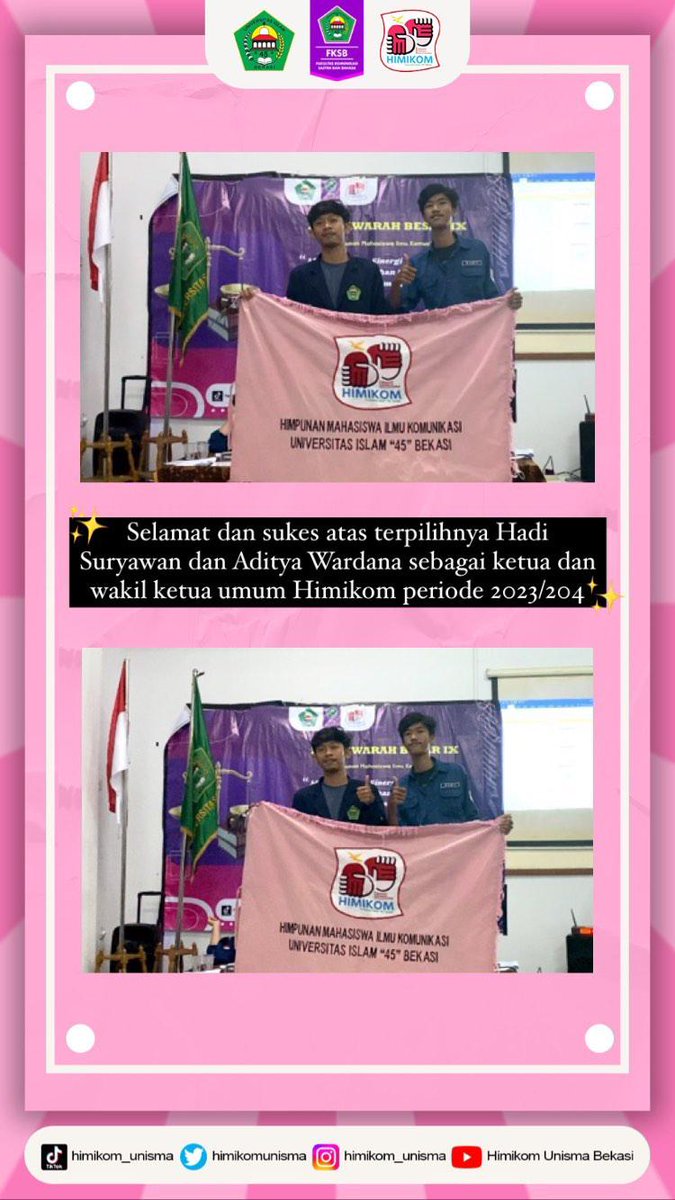 himikomunisma's tweet photo. Himifriendsss. 

Himikom punya ketum dan waketum baruu loh. 
Hadi Suryawan'20: ketua umum Himikom 2023/2024
Aditya Warnada'21: wakil ketua Himikom 2023/2024.

Semoga sukses dan selalu amanah dalam menjalankan tugasnyaa. Selamattt 🤝🔥 https://t.co/8Ie2drmosD