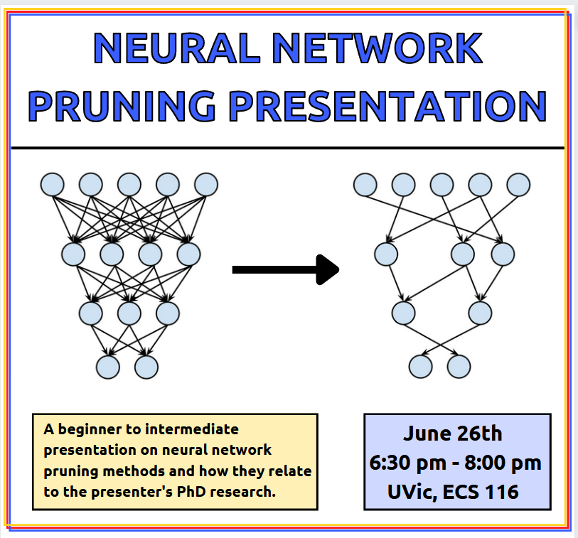 UVicAI's tweet photo. Another hot presentation coming up!🔥

This  Monday, one of our members will be presenting on various methods and  ideas behind pruning neural networks in order to reduce model size,  improve inference speed, and prevent overfitting💪

Everyone and anyone is welcome to attend!🚀 https://t.co/06Wp4CH5s5