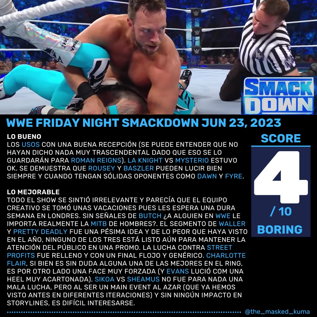The_Masked_Kuma's tweet photo. #wwesmackdown JUN 23, 2023 THOUGHTS/IMPRESIONES!

The Women's Tag Team titles have been unified...and that's it, nothing else happened.

#wrestling #wwemitb #vincemcmahon #tripleh #solosikoa #theusos #romanreigns #prettydeadly #reymysterio #laknight  #charlotteflair #biancabelair https://t.co/pdwbQfNcEi