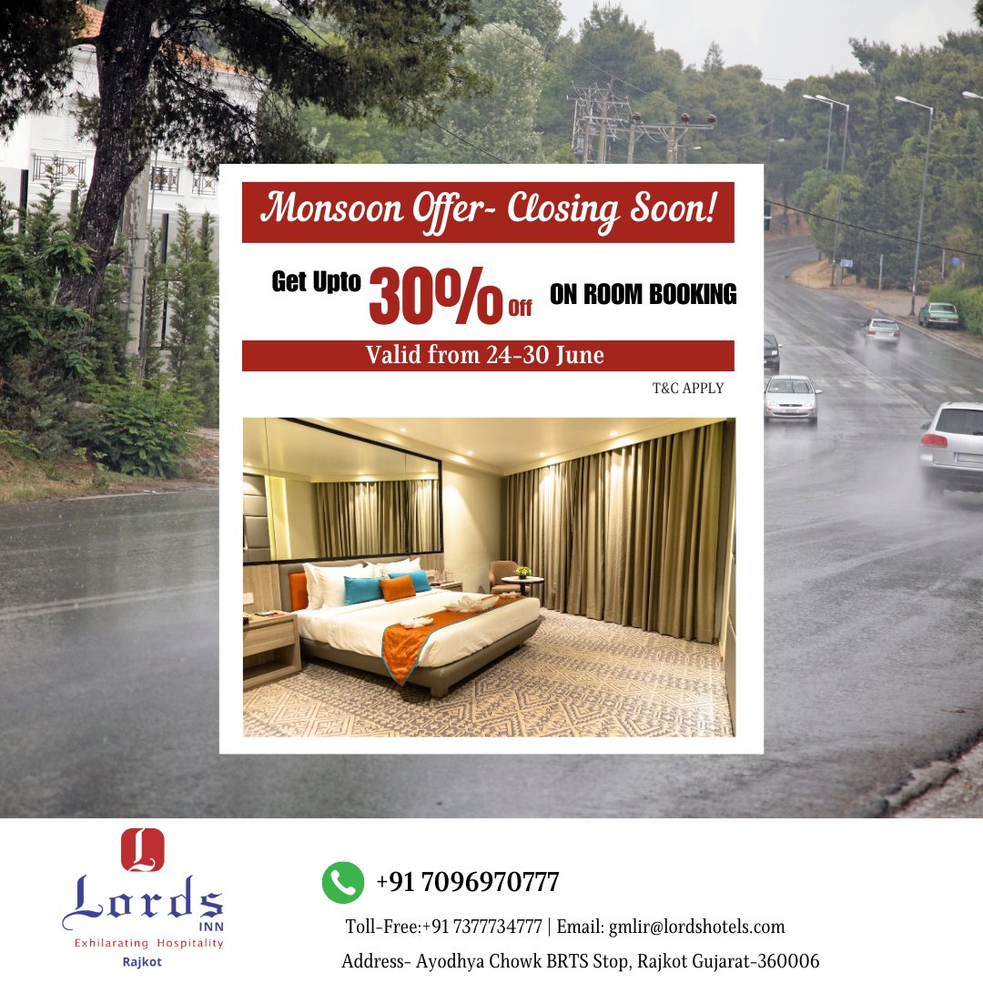 Discover monsoon magic with our exclusive offer! Save up to 30% on rooms and enjoy cozy comfort in the rain. 🌧️

Book now ➡️ bit.ly/monsoonofferlo…

#LordsHotelsAndResorts #comfortstay #leisurewithlords #MonsoonMagic #CozyComfort #ExclusiveOffer #r