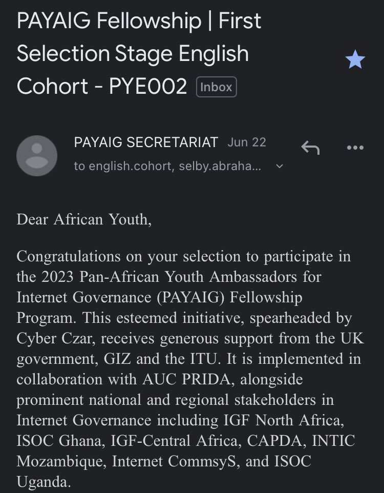 I am honored to be selected as part of the Pan African Youth Ambassador for Internet Governance by @PAYA_IG .This is an opportunity to grow and shape the future of the African internet space
#PAYAIG #ICYBERCZAR #IGFAMBASSADOR #IGF2023 #KYOTO