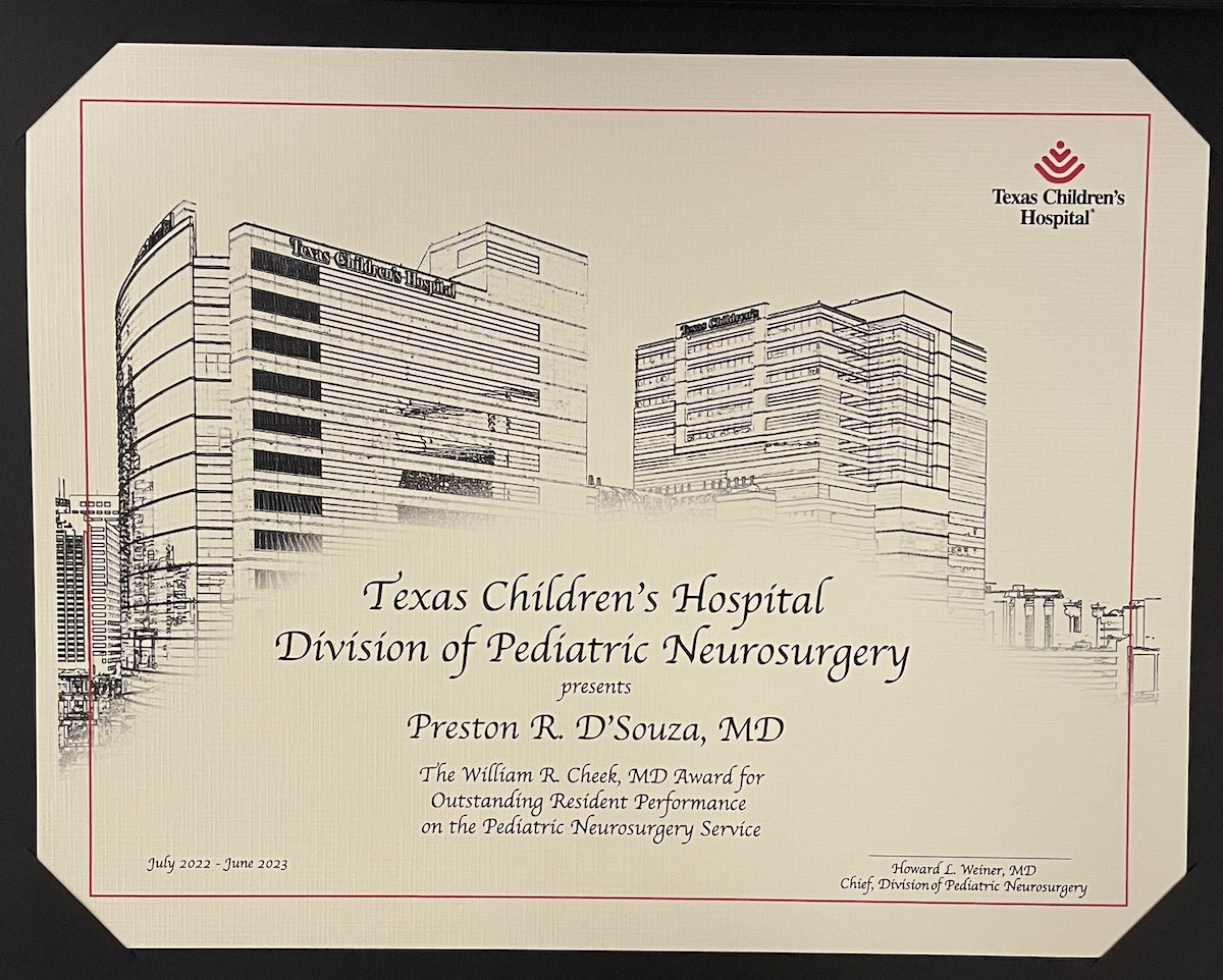 Peter Kan (@peterka80460001) on Twitter photo We are very proud of Dr. Preston D'Souza <a href="/UTMBNeurosurg/">UTMB Neurosurgery</a> for receiving the William R. Cheek Award <a href="/TexasChildrens/">Texas Children's</a> for his outstanding service on Pediatric Neurosurgery. Thank you <a href="/howardweinermd/">Howard L. Weiner, MD</a> <a href="/NishaGadgilMD/">Nisha Gadgil</a> #DanCurry and all TCH faculty for mentoring him! We are very proud of Dr. Preston D'Souza <a href="/UTMBNeurosurg/">UTMB Neurosurgery</a> for receiving the William R. Cheek Award <a href="/TexasChildrens/">Texas Children's</a> for his outstanding service on Pediatric Neurosurgery. Thank you <a href="/howardweinermd/">Howard L. Weiner, MD</a> <a href="/NishaGadgilMD/">Nisha Gadgil</a> #DanCurry and all TCH faculty for mentoring him!