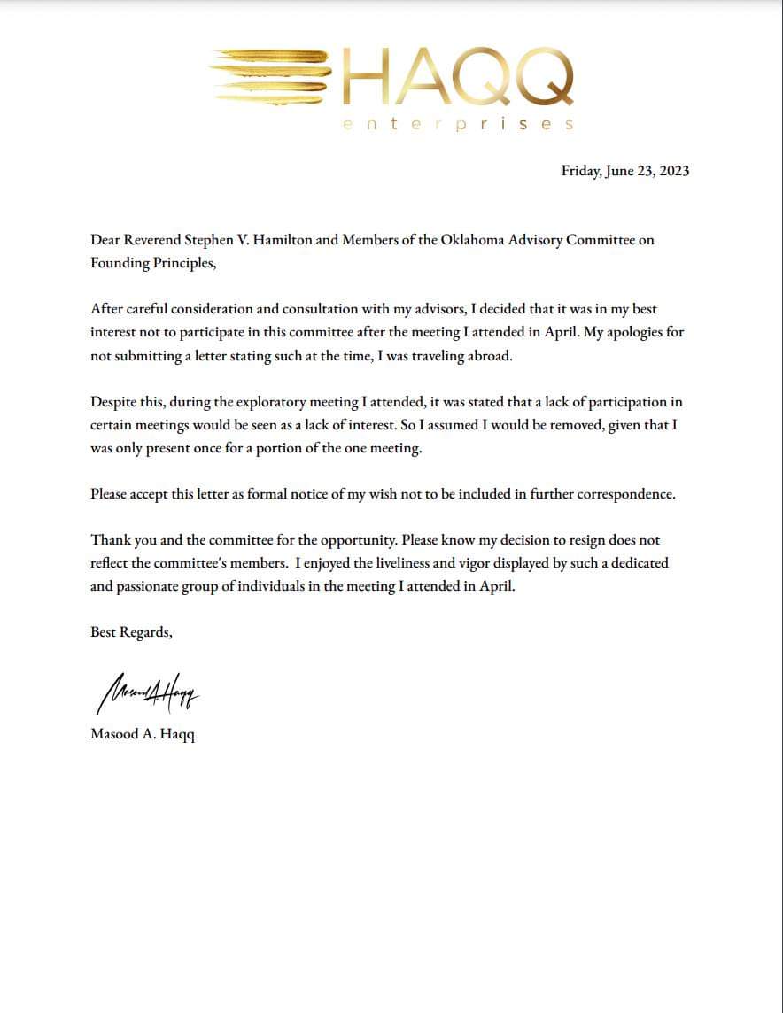 After seeing my name in an article in The Oklahoman naming me as a member of the Oklahoma Advisory Committee on Founding Principles, I sent the committee this letter asking them not to include my name in their future endeavors.