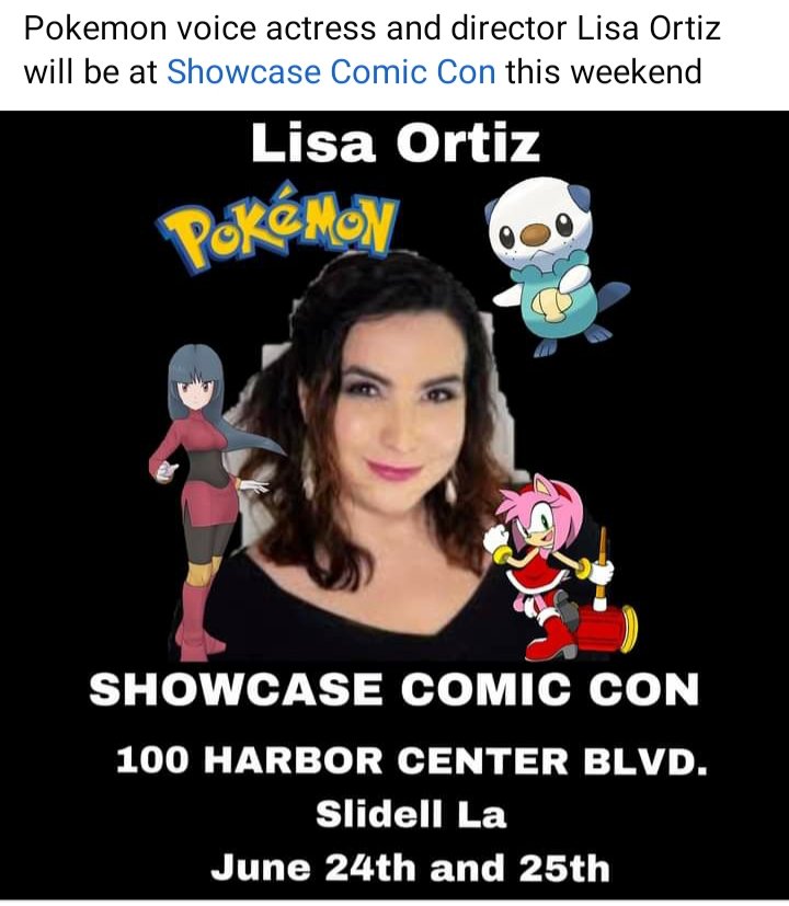ShowcaseComics5's tweet photo. Come out to meet voice actress and director #LisaOrtiz at #ShowcaseComicCon tomorrow and Sunday!
@Lisalisejam 

#Slidell #SlidellEvents #NewOrleansEvents #ShowcaseComics #ShowcaseComics #comics #comicbooks #pokemon https://t.co/0rQwl7rtu0