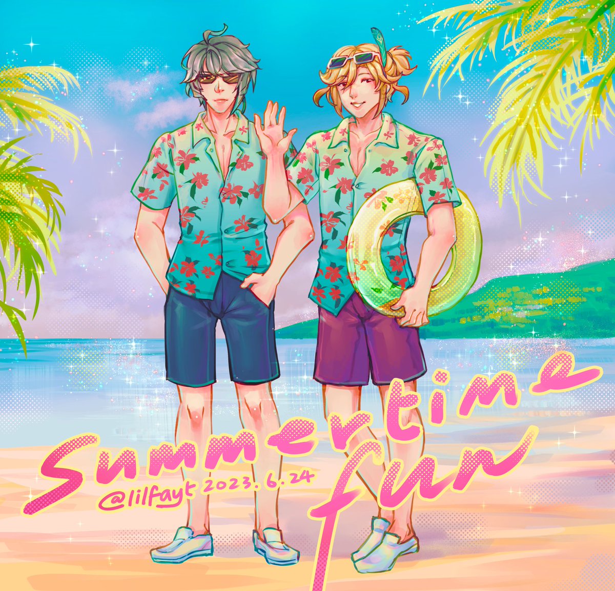 Matching shirts lets goooo~ Wanted to draw my two favs in a summer outfit that's all 😆 #genshinimpact #genshinfanart #haikaveh #alhaitham #kaveh #clipstudiopaint #summervibes