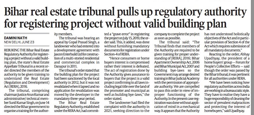 Bihar real estate tribunal calls for training of RERA members, something which <a href="/FightForRERAInd/">Forum For People's Collective Efforts (FPCE)</a> <a href="/abhaykol/">Abhay Upadhyay</a> say is pertinent for all RERAs.