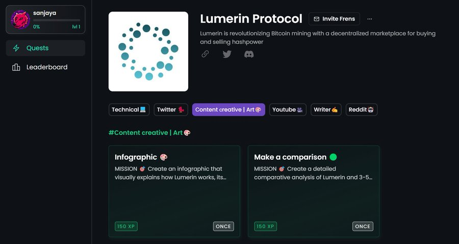 2. here's how to do it
just follow tasks like follow Lumerin's social media, invite friends and of course make twitter threads, on zealy and get xp