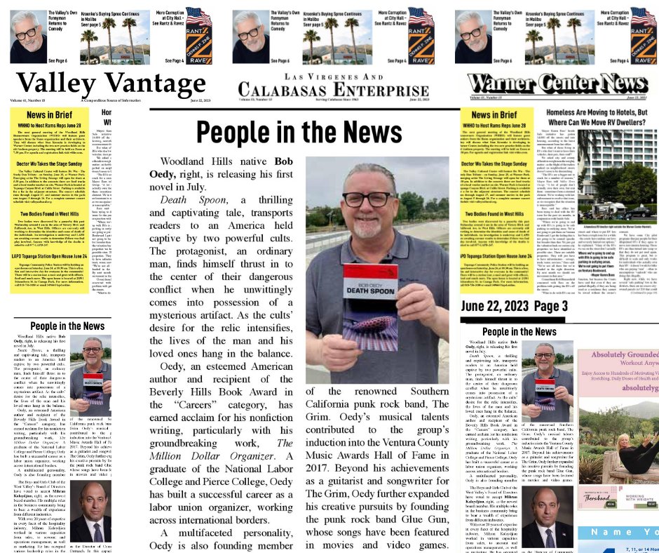 McGreggorSafe's tweet photo. Death Spoon author Bob Oedy in all 3 newspapers! @valleynewsgroup Valley Vantage, Calabasas Enterprise &amp; Warner Center News https://t.co/stYET3FU7M #deathspoon #suspense #novel #author #BobOedy #PeopleInTheNews https://t.co/yvGyW00d0r