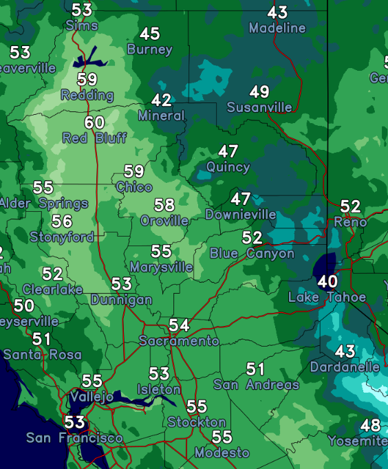 NWSSacramento's tweet photo. Here are expected low temperatures for Saturday morning across interior NorCal. #cawx https://t.co/oyDzQ0l5rf