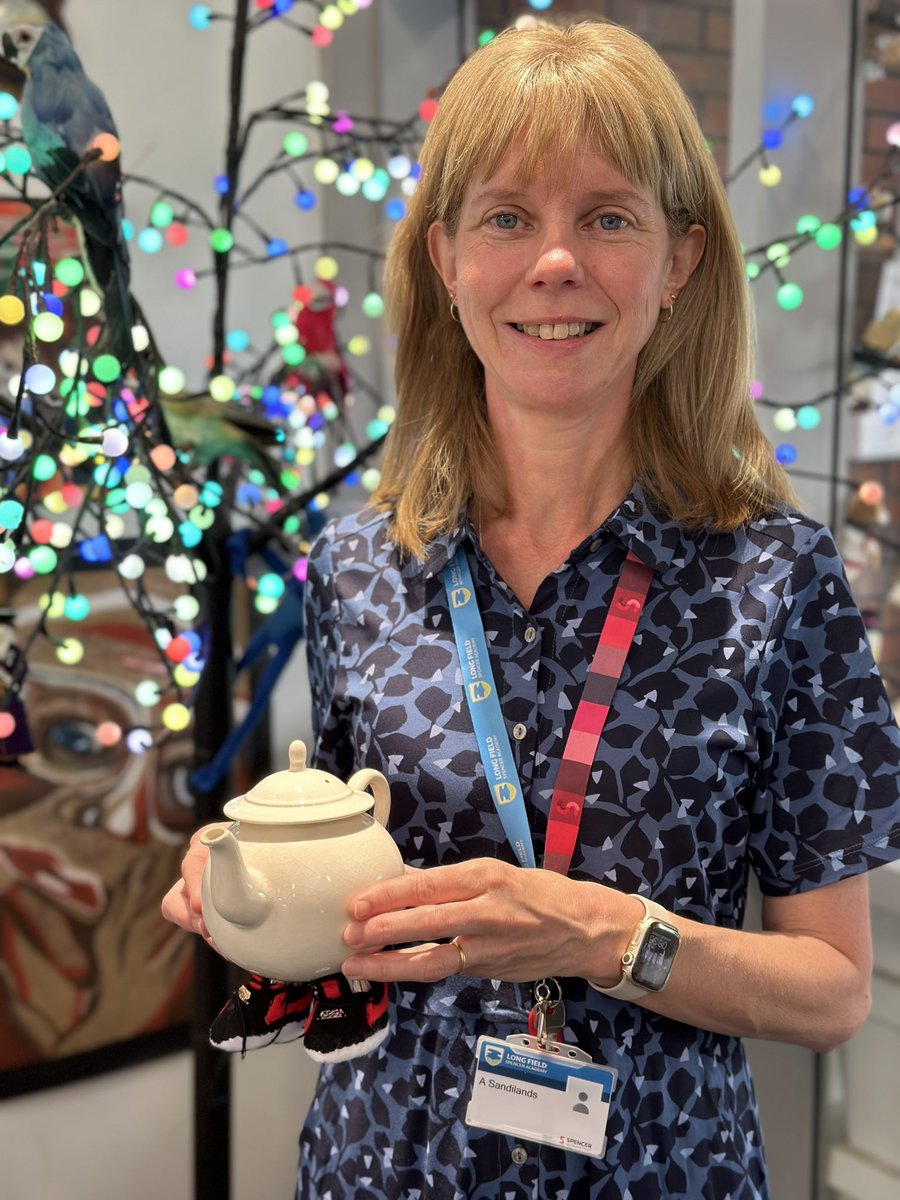 The next teapot went to the wonderful Mrs Sandilands. She has done a fabulous job as parent, volunteer & now teaching assistant. She loves to run & now has a running teapot with customised trainers. Thanks to son Jack for secretly sending us a photo of her trainers. @satrust_