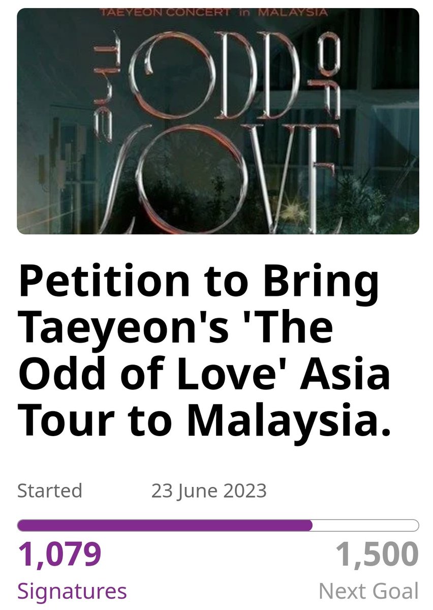 taeyeonUnionMY's tweet photo. 1k signatures in 2 hours‼️
Let's keep going 🫡

🎯: > 5K 

https://t.co/f8YWzCqiM4

#TAEYEON_TheODDOfLOVE_in_MY #WeWantTaengconinMY #TAEYEONinMY

@TAEYEONsmtown
@SMTOWNGLOBAL
@GirlsGeneration https://t.co/95DhXcIpYW