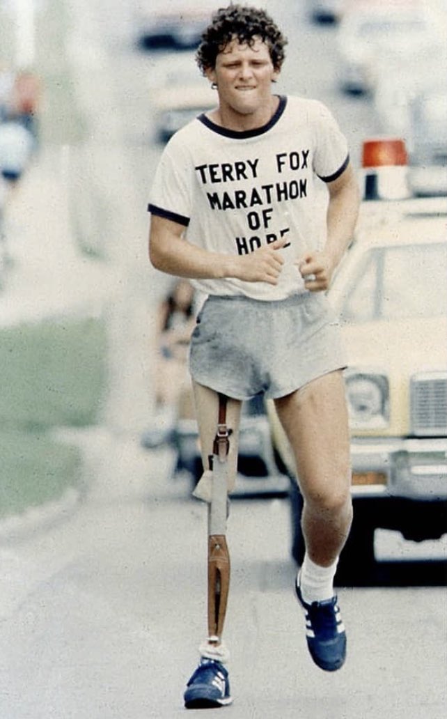Terry Fox was a cancer patient whose leg had been amputated just above his knee because of osteogenic sarcoma. Terry ran 3,339 miles (5,373 km) across Canada in 143 days; this is equivalent to running a full marathon every day.

"Today we got up at 4:00 am. As usual, it was