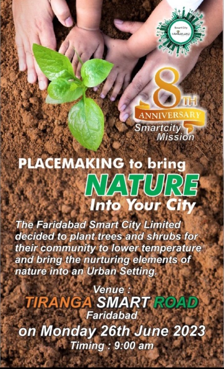 Smart City Faridabad (@smartcityfbd) on Twitter photo On the occasion of 8th anniversary of Smart City Mission, Faridabad Smart City is organising Tree Plantation drive on 26th June 2023.
#Smartcityfaridabad
#8saal
#SmartCity
#SabkaBharatNikhartaBharat
<a href="/SmartCities_HUA/">Smart Cities Mission</a> <a href="/MoHUA_India/">Ministry of Housing and Urban Affairs</a> On the occasion of 8th anniversary of Smart City Mission, Faridabad Smart City is organising Tree Plantation drive on 26th June 2023.
#Smartcityfaridabad
#8saal
#SmartCity
#SabkaBharatNikhartaBharat
<a href="/SmartCities_HUA/">Smart Cities Mission</a> <a href="/MoHUA_India/">Ministry of Housing and Urban Affairs</a>